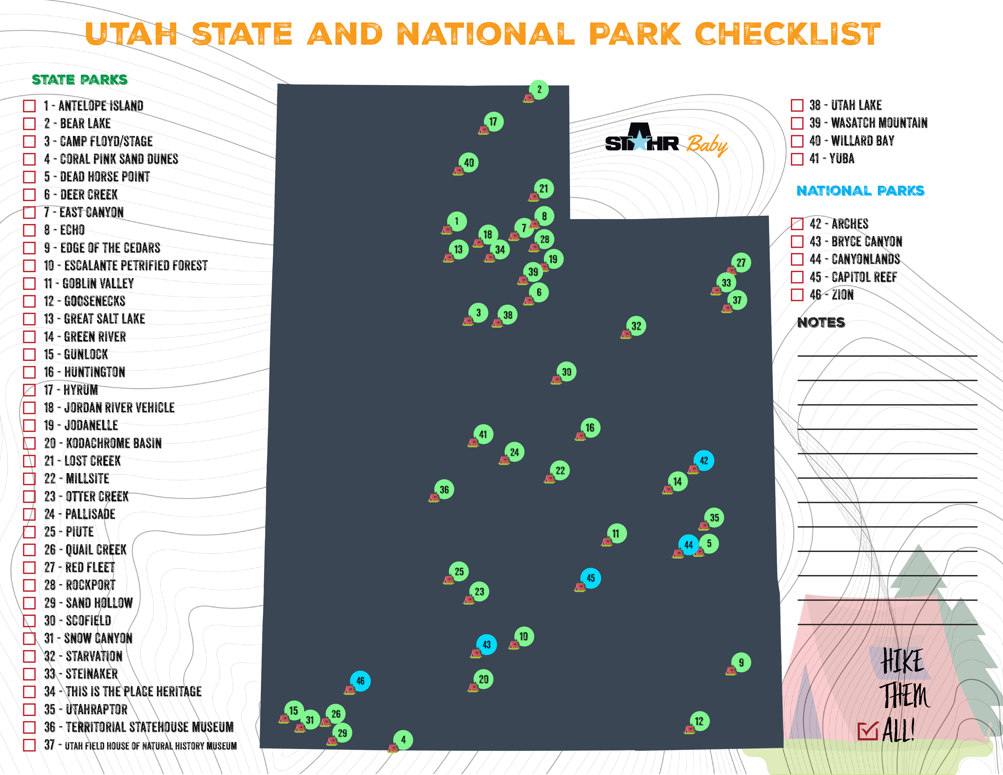 map of utah state parks - includes checklist
