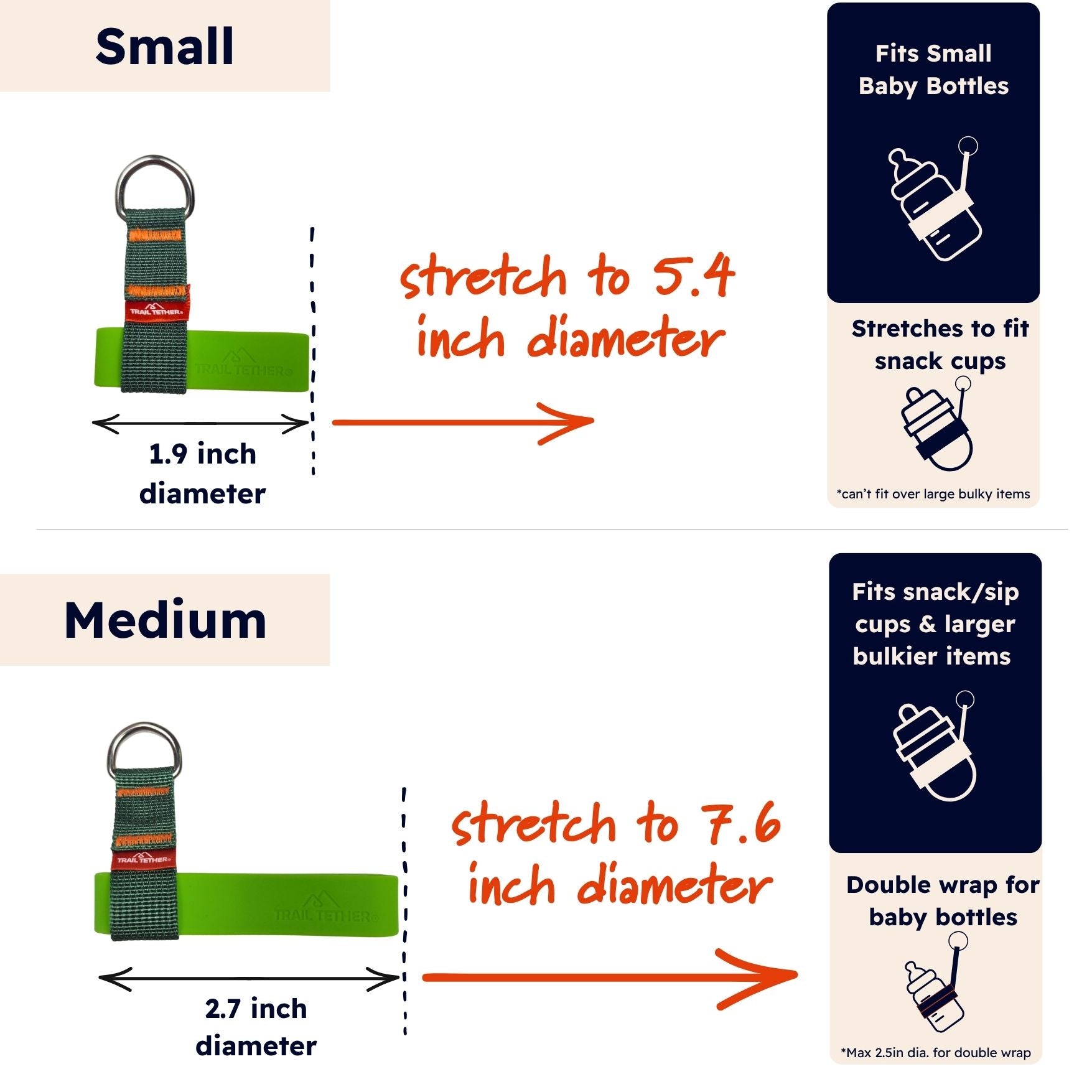 A product sizing diagram showing two chameleon ring band sizes labeled Small and Medium, each with a green stretch band, metal ring, and text indicating stretch diameter and use for baby bottles or snack cups.