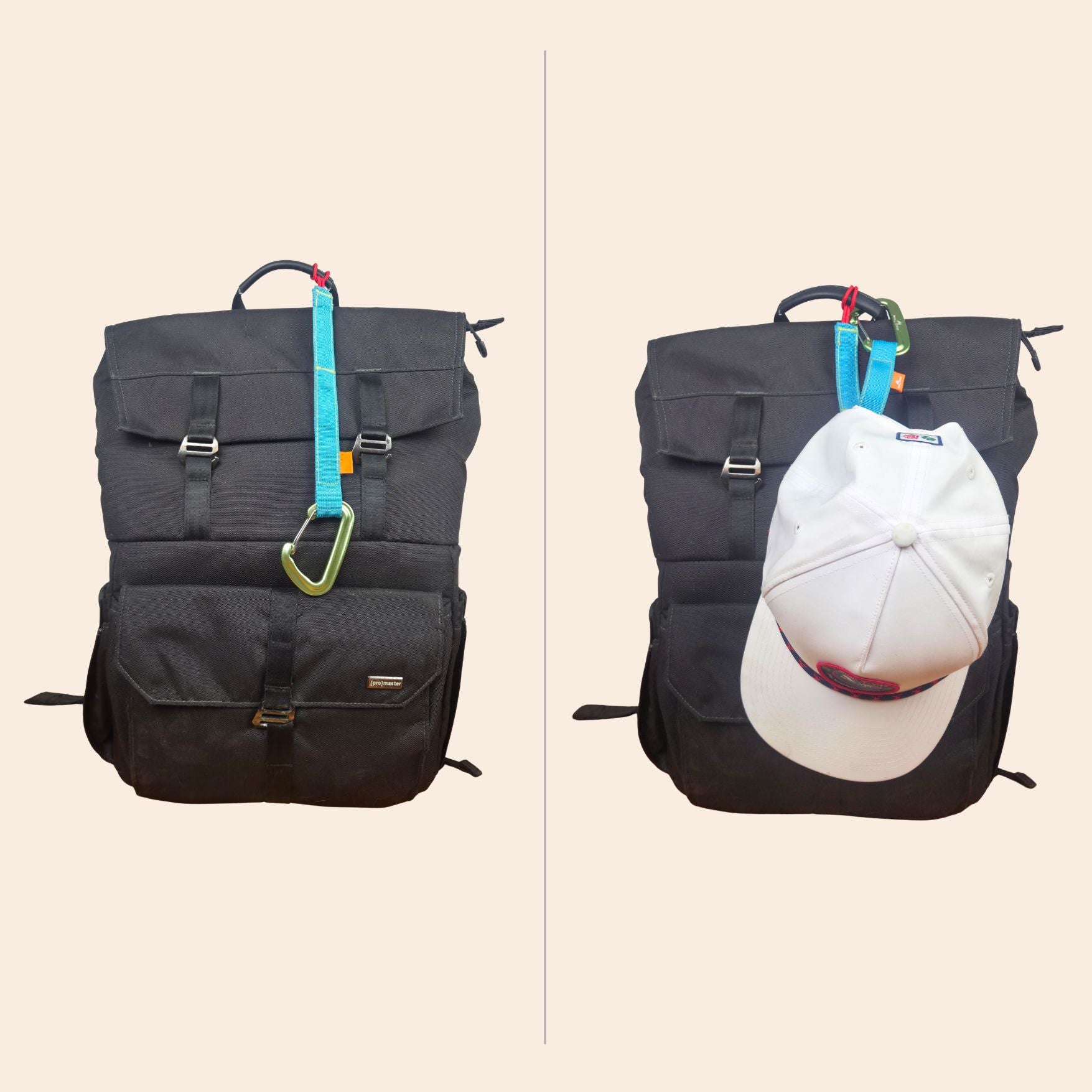 A black backpack shown in a split view against a light beige background, with a blue trail tether hanging from the top. On the right side, a white baseball cap is shown hanging from the same trail tether