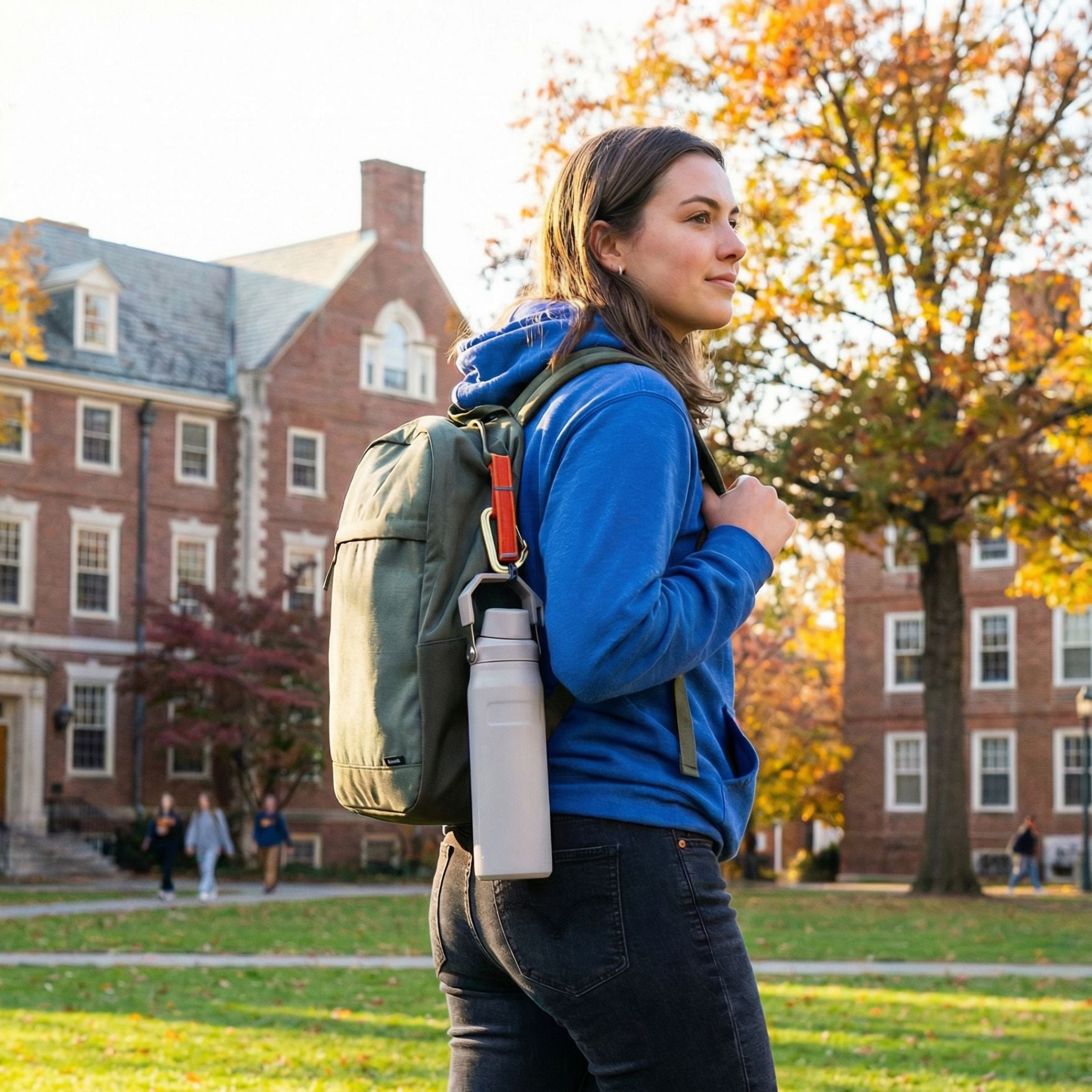 A woman wearing a blue hoodie and dark jeans walks outdoors on a campus lawn, carrying an olive green backpack with a white insulated bottle hanging from the side using a trail tether