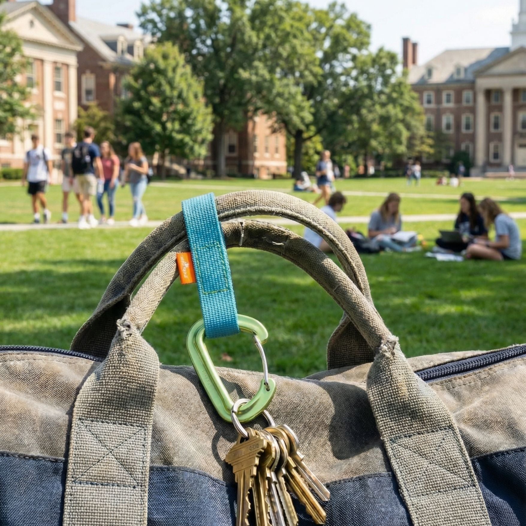 A close-up of a large gray and navy canvas duffel bag with a blue trail tether keychain holding keys, set against a blurred background of a campus lawn with students studying.