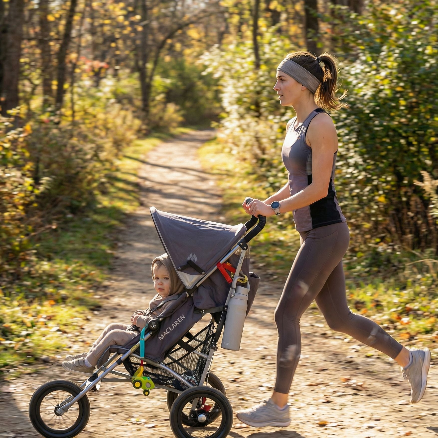 A woman jogging on a wooded path while pushing a gray stroller with a child seated inside. a plastic toy is secured to the stroller straps using a trail tether.  a water bottle is secured to the handle bars by a trail tether. 