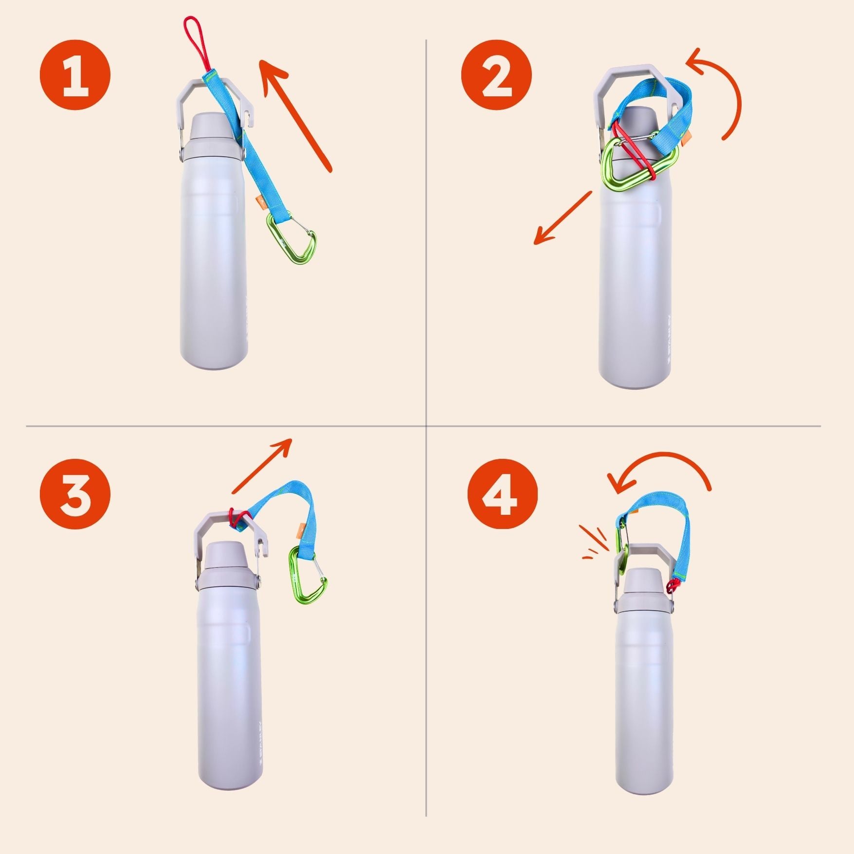 A four-panel instruction diagram showing how to attach a blue trail tether to the handle on a gray water bottle. The panels are numbered 1 to 4 with orange circles and arrows indicating steps.