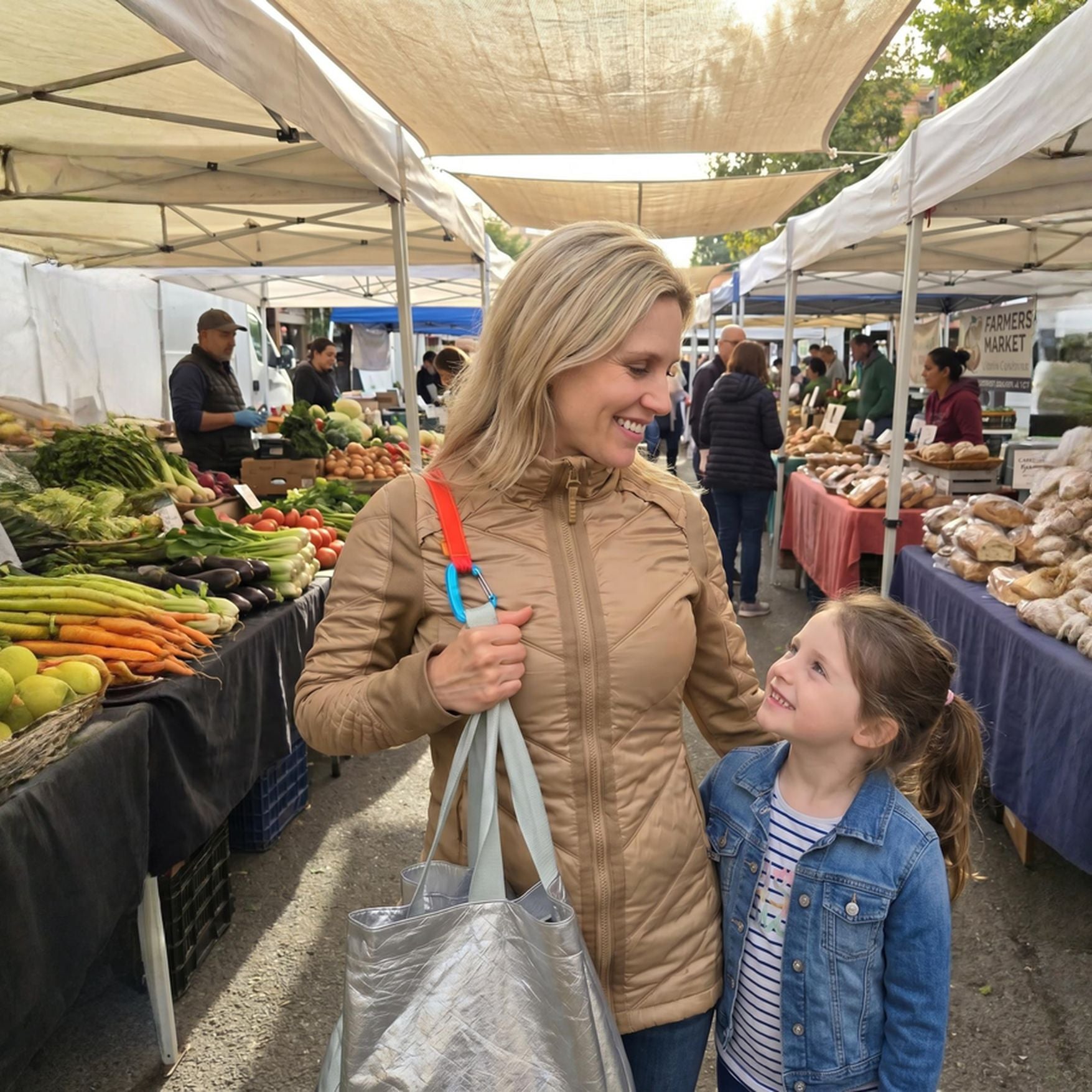 A woman in a tan quilted jacket and a young girl in a denim jacket walking through an outdoor farmers market under white canopy tents, with produce and bread stalls visible in the background. she is carrying her shopping bags over her shoulder by using two trail tethers
