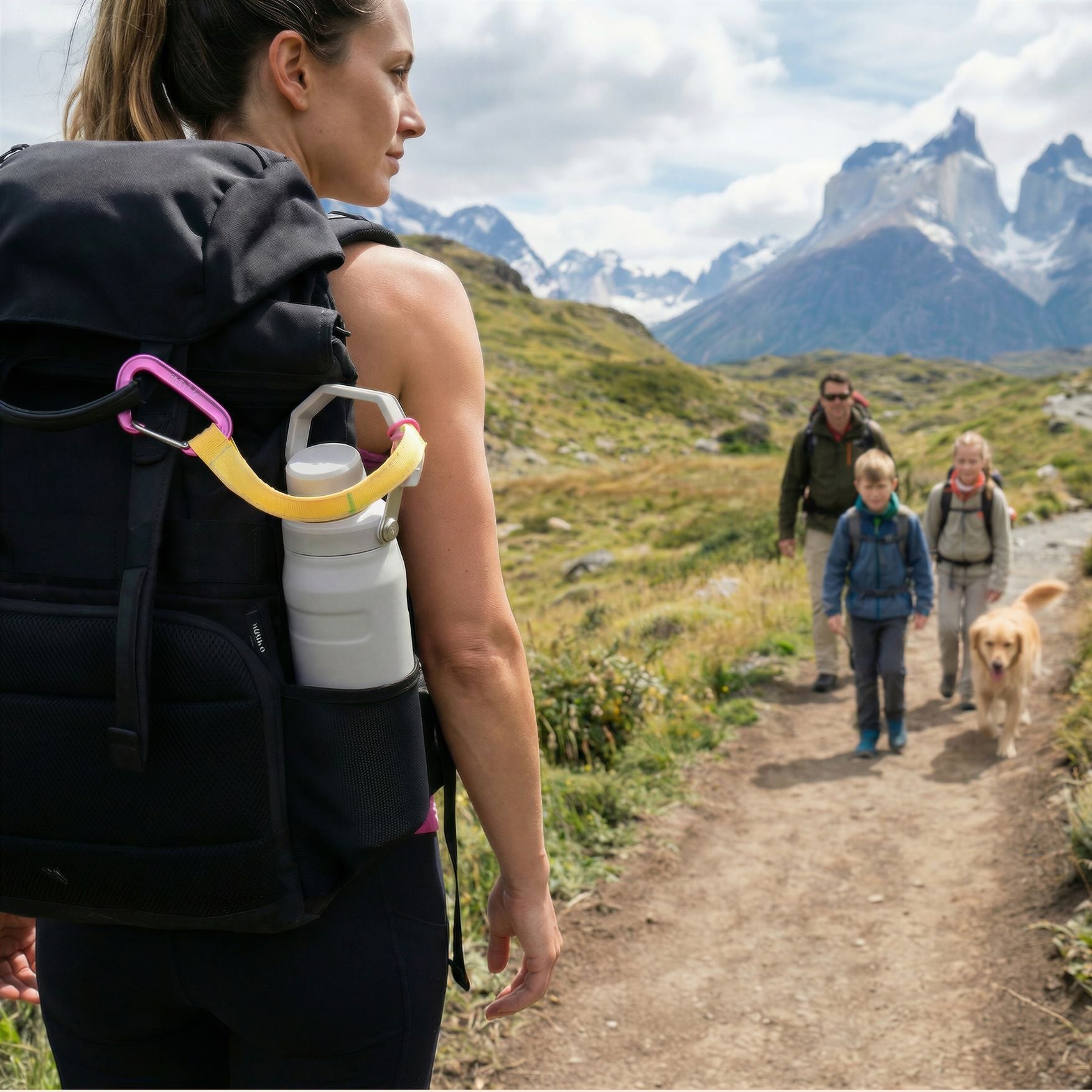 A woman hiking on a mountain trail with a large black backpack, a white water bottle in a side pocket, and a yellow-and-pink strap trail tether securing it to the pack. Two children and a dog are visible ahead on the path, with dramatic mountains in the background.