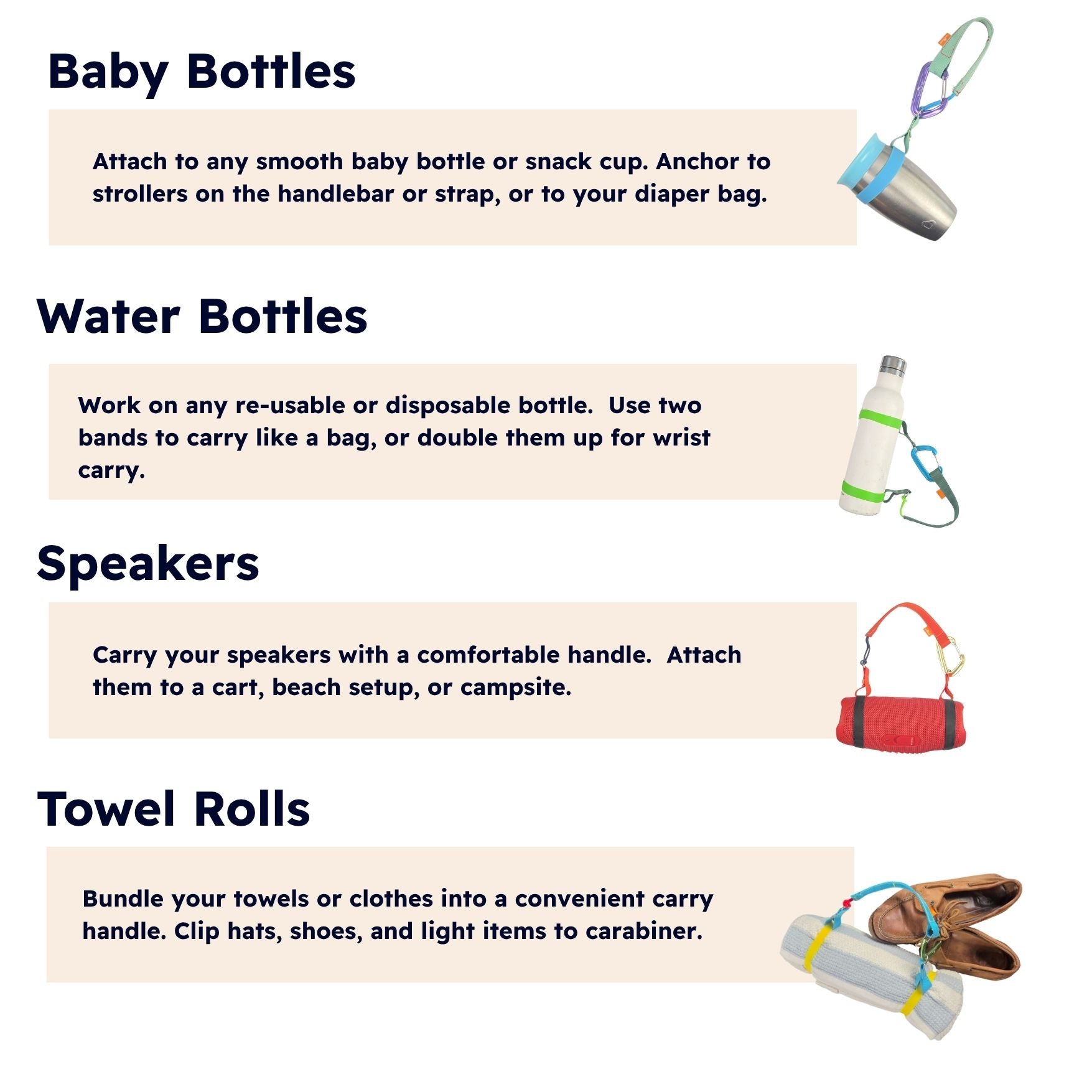 An infographic showing four different chameleon ring silicone stretch band uses -  Baby Bottles, Water Bottles, Speakers, and Towel Rolls. Each section features a dark blue heading, a light beige text box with instructions, and a small illustrative photo of the product at the bottom right.