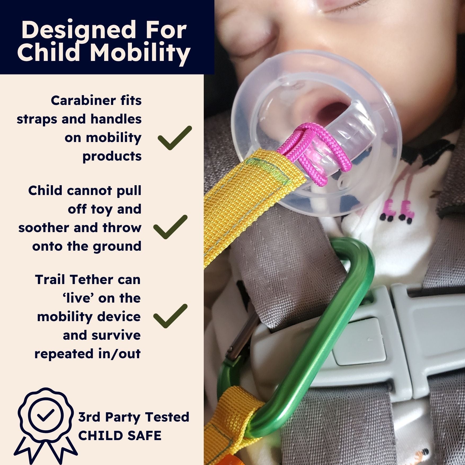 Close-up of a child wearing a car seat with a mobility device and a pink and yellow trail tether securing a binky, with text on the left explaining product features and a 3rd party tested badge