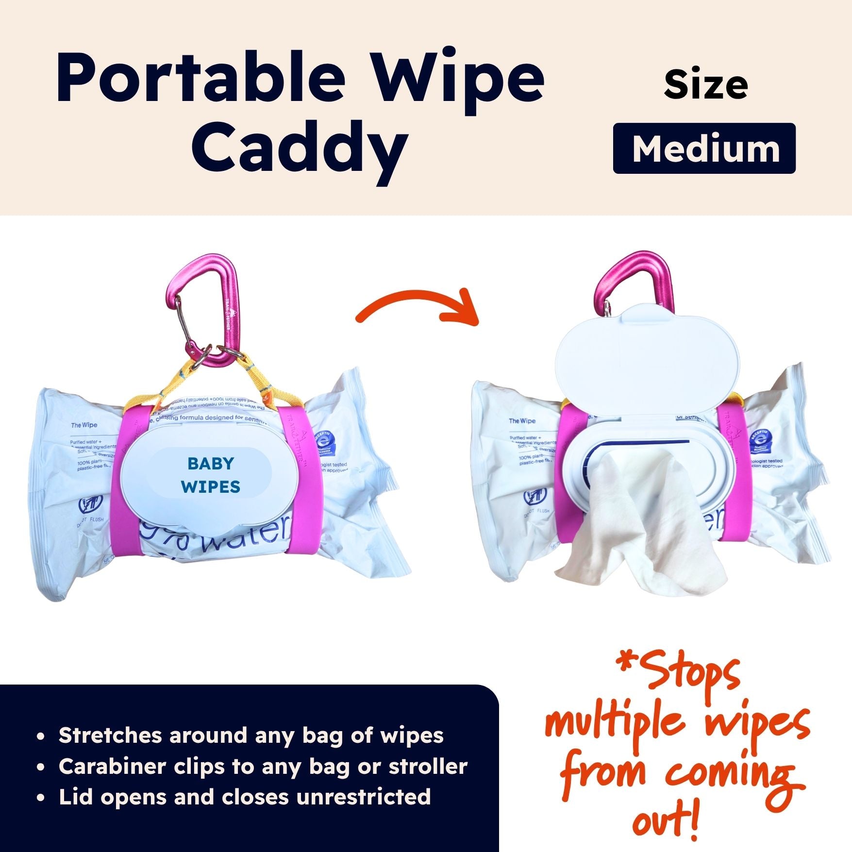 Portable baby wipe caddy in medium size, shown with two white wipes packets and a pink carabiner clip. The caddy has a white cloud-shaped lid with a pink band and a white wipe is being pulled out. shows that two chameleon rings can be used to secure wipe packs using a carabiner, while allowing the wipe to come out unobstructed from manufacturers packaging. 