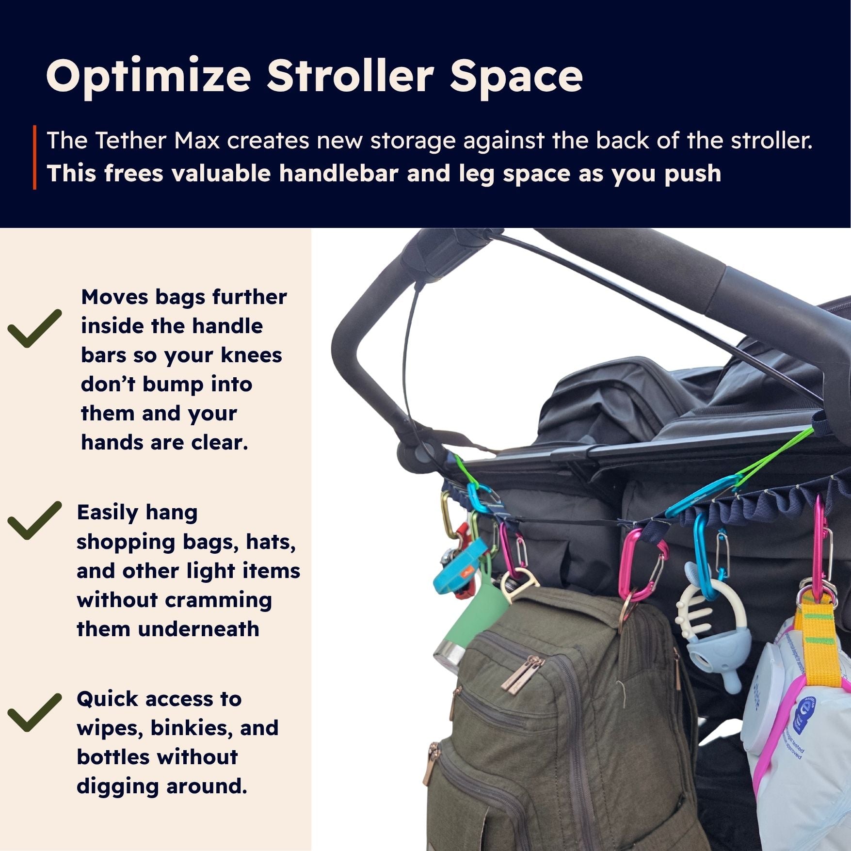 Promotional graphic for the Tether Max stroller accessory, showing a black stroller handlebar with colorful carabiners and clips holding bags and accessories. The left side contains marketing text explaining how the Tether Max creates extra storage and frees handlebar and leg space.