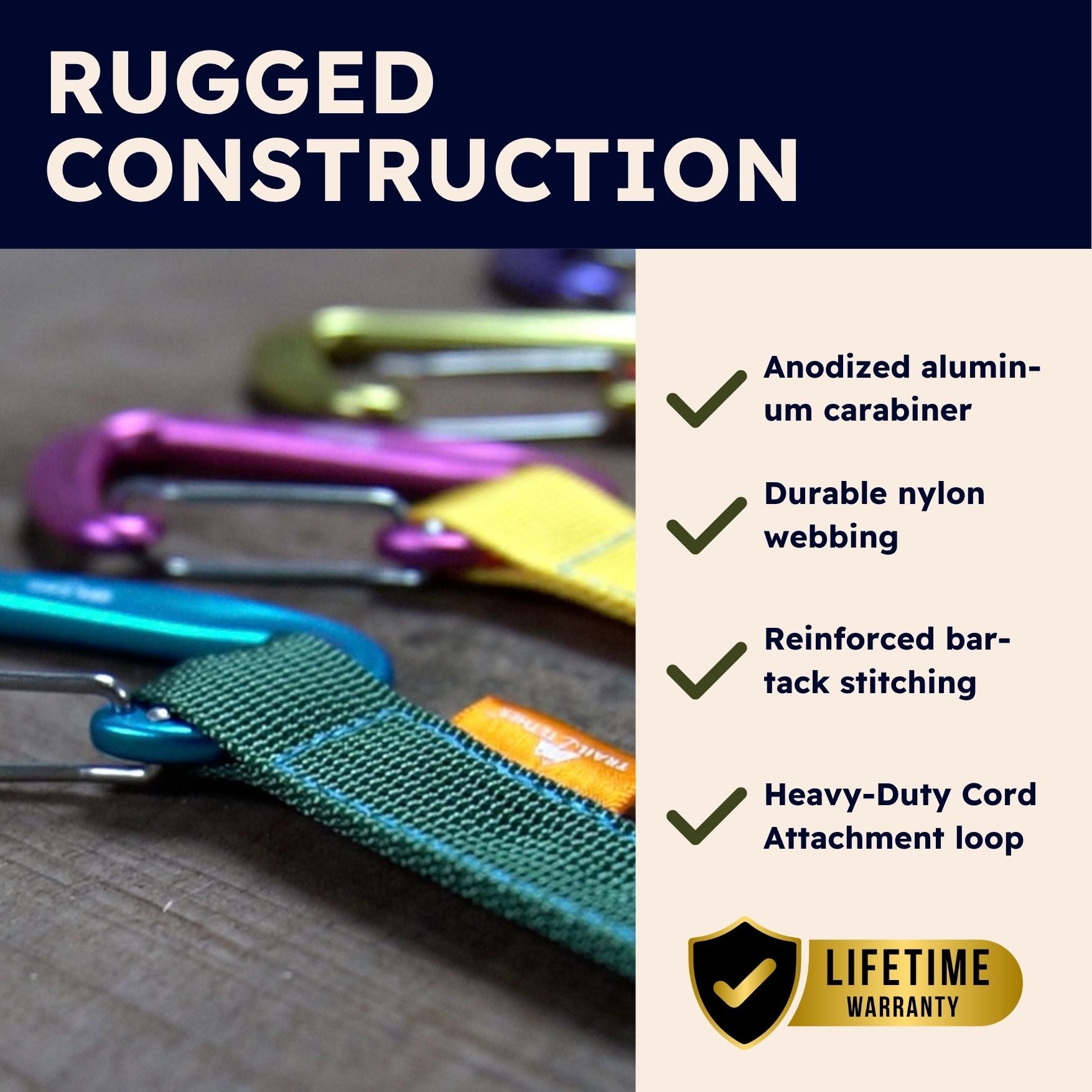 Promotional graphic for the rugged construction of trail tethers, with an anodized aluminum carabiner, featuring text callouts about rugged construction, durable nylon webbing, reinforced bar-tack stitching, and a heavy-duty cord attachment loop, alongside a lifetime warranty badge.