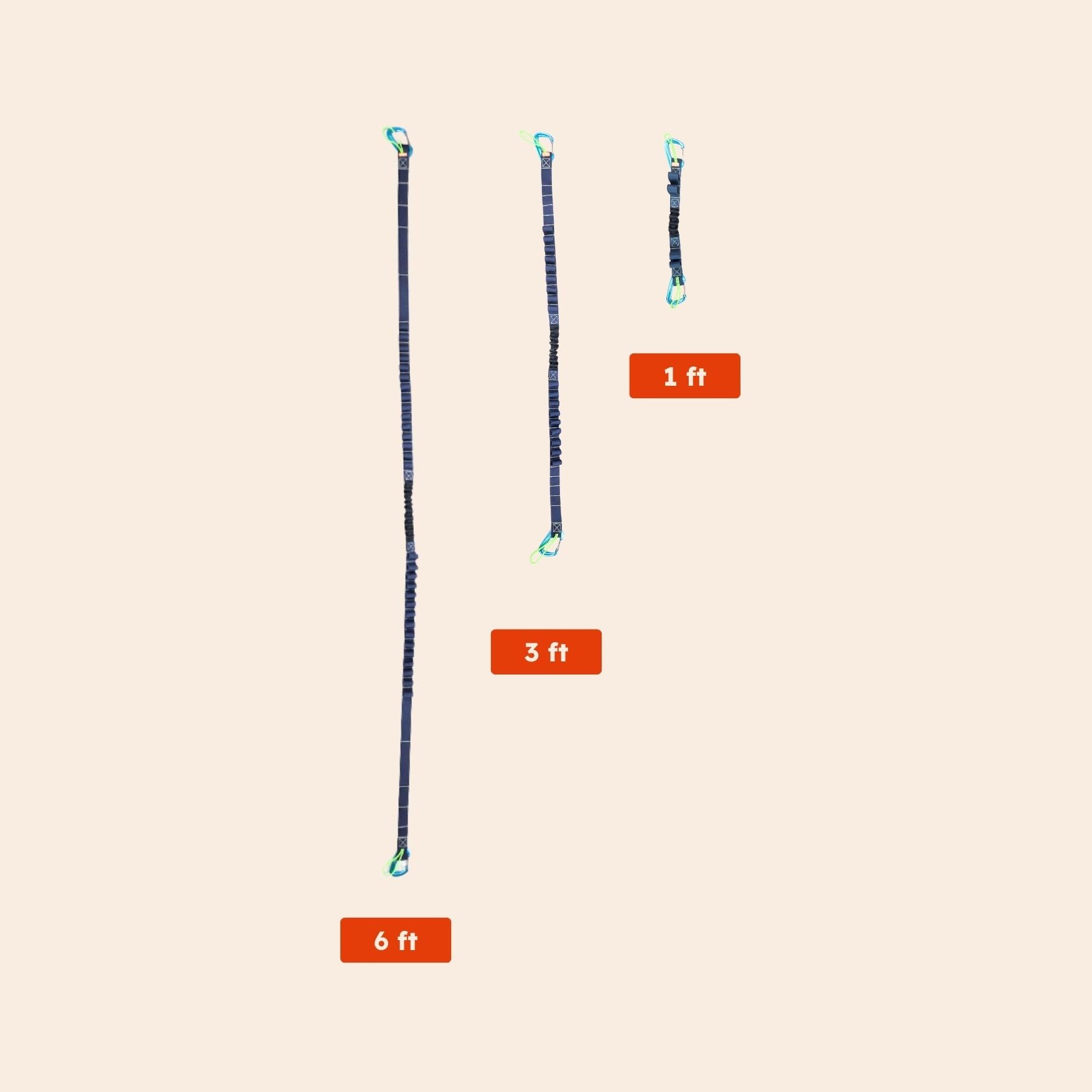 three tether maxes shown vertically on a light beige background, each labeled with its length: 1 ft, 3 ft, and 6 ft.
